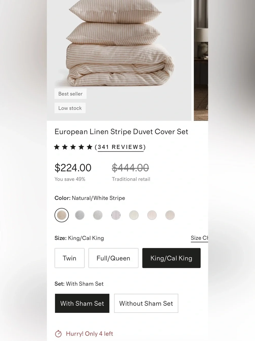 NWT Quince European Linen Stripe  3 Pc Duvet Cover Set, King/Cal (Natural/White)